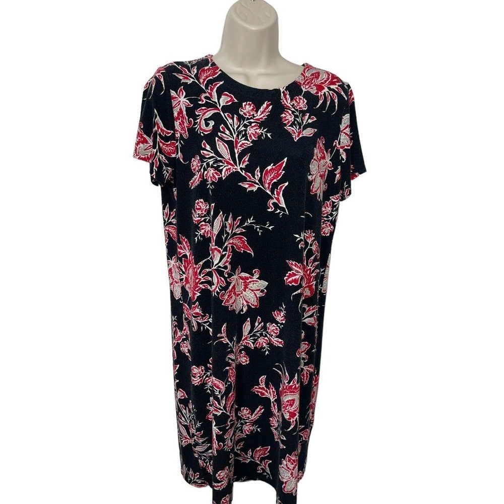 J JILL WHEREVER COLLECTION Women's Medium TALL Black Red Floral Dress FLAWED